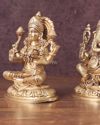 Pure Brass Ganesha and Lakshmi Idols Set - Intricate Detailing, 7.5"