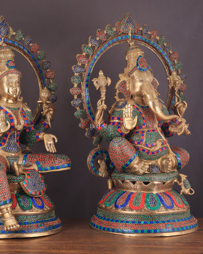 Pure Brass Ganesh Lakshmi Idol Pair with Meenakari Stonework – 27"