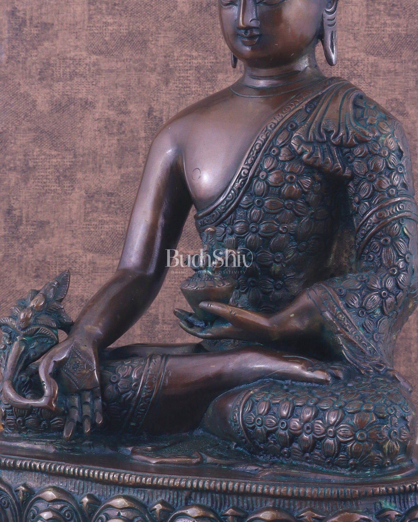 Pure Brass Antique Buddha medicine Statue - 13.5" Height