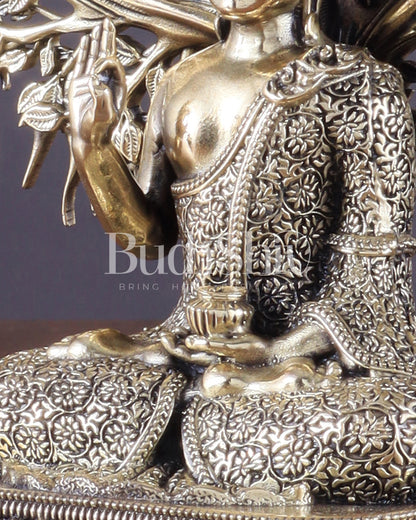 Intricate Superfine Brass Lord Buddha with Bodhi Tree Idol 6.5"