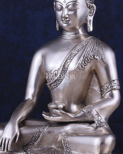 Pure Brass Buddha Blessing Mudra Statue - Silver plated, 10" Height