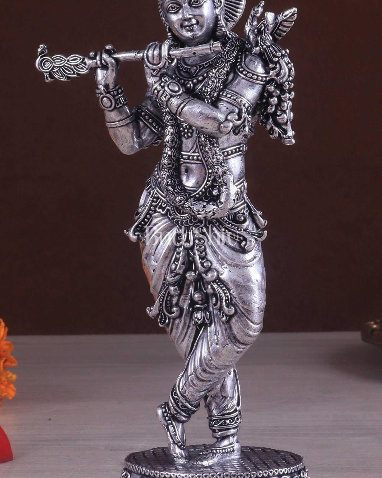 Superfine Brass Lord Krishna Intricate Idol 10" silver plated