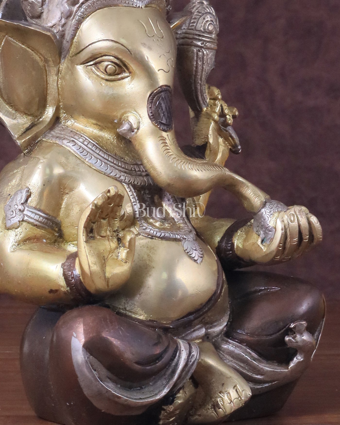 Brass Ganesha Idol with Sharp Features - 8 Inch three tone