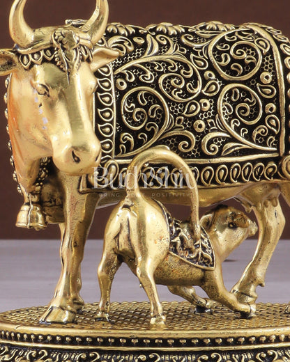 Intricate Brass antique Small Kamdhenu Cow with Calf Idol - 3.5-inch golden tone