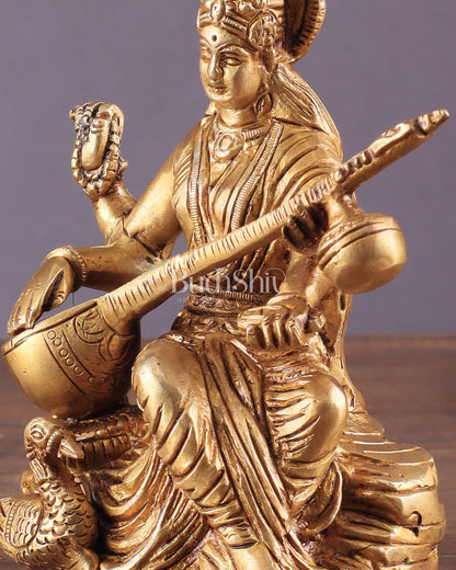 Pure Brass Goddess Saraswati with Swan Idol – 6" Handcrafted Statue