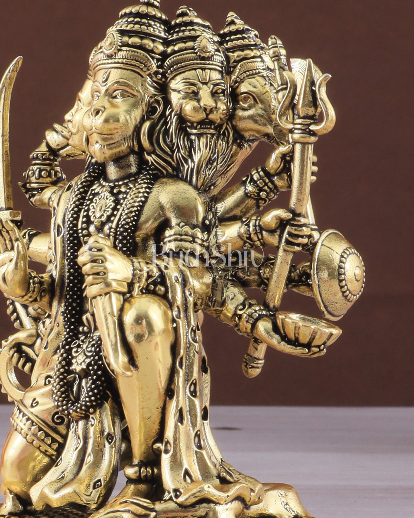 Pure Brass Panchmukhi Hanuman Idol - 4 inch golden tone