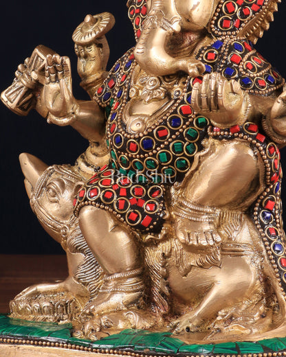 Handcrafted Brass Ganesha on Mooshak with Meenakari Stonework – 8.5" x 6.75" x 3.5" | Divine Elegance