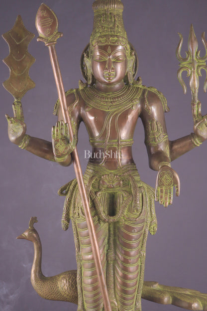 Vintage Brass Lord Kartikeya Murugan Kumarswamy Large Statue – Bronze Tone 37"