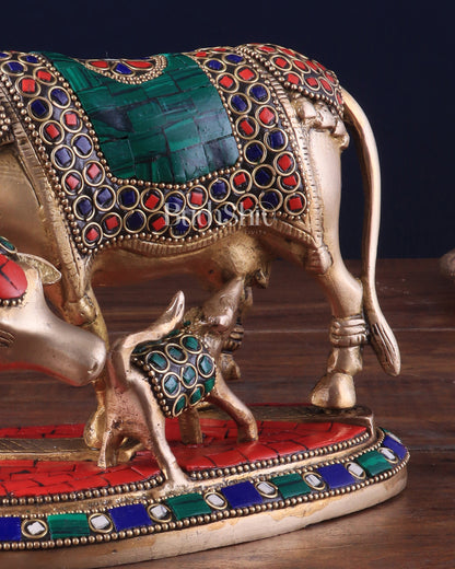 Handcrafted Brass Kamdhenu Cow with Calf Statue 9"