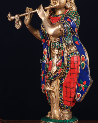 Brass Lord Krishna Idol with stonework - 18 Inch