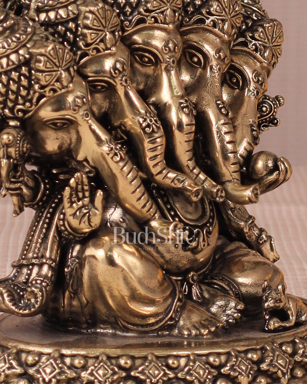 Panchmukhi Ganesha (Five-Faced) Superfine Intricate Pure Brass Idol - 4.25"