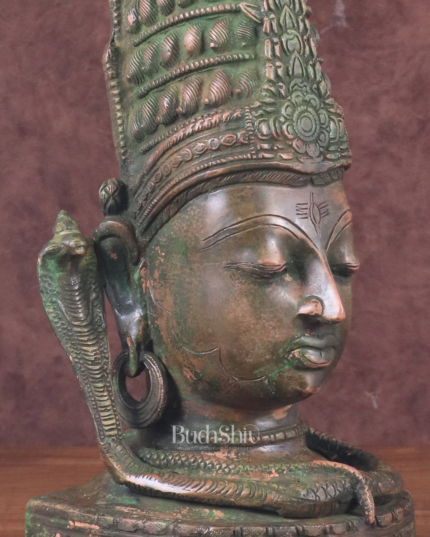 Pure Brass Lord Shiva Face Bust - Antique Green Patina 12"