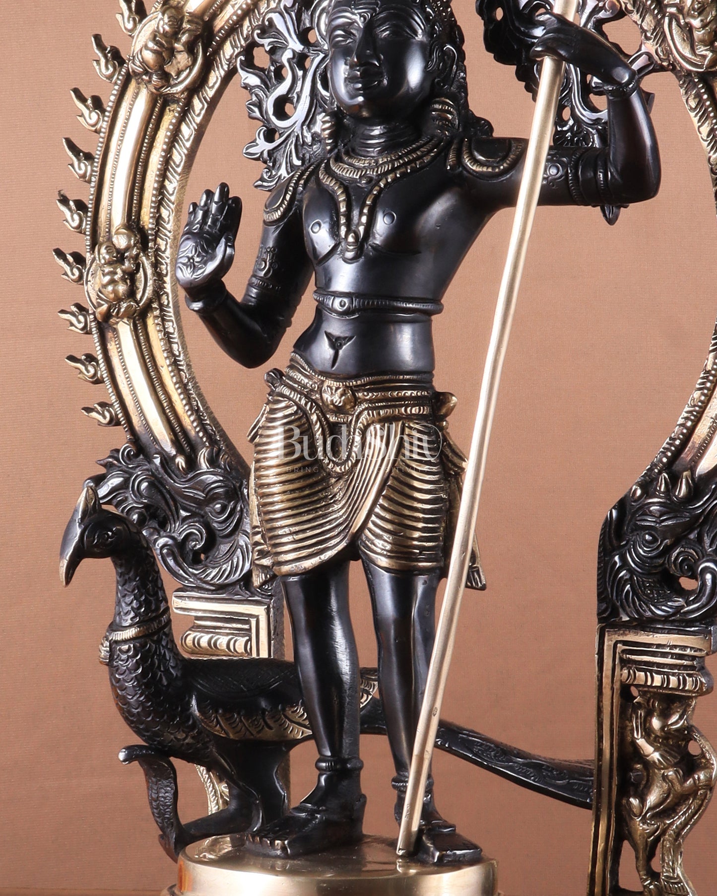 Pure Brass Lord Murugan Statue with Peacock and Prabhavali black finish