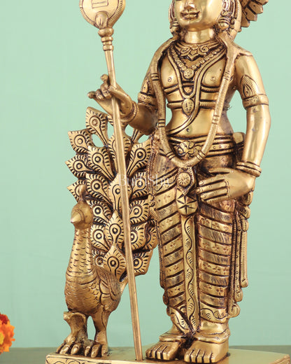 Exquisite Brass Superfine Lord Murugan with Peacock Statue - 16 Inches Tall