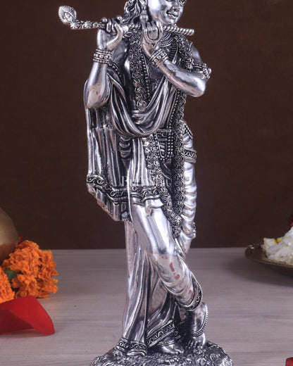 Superfine Brass Lord Krishna Intricate Idol 10" silver plated