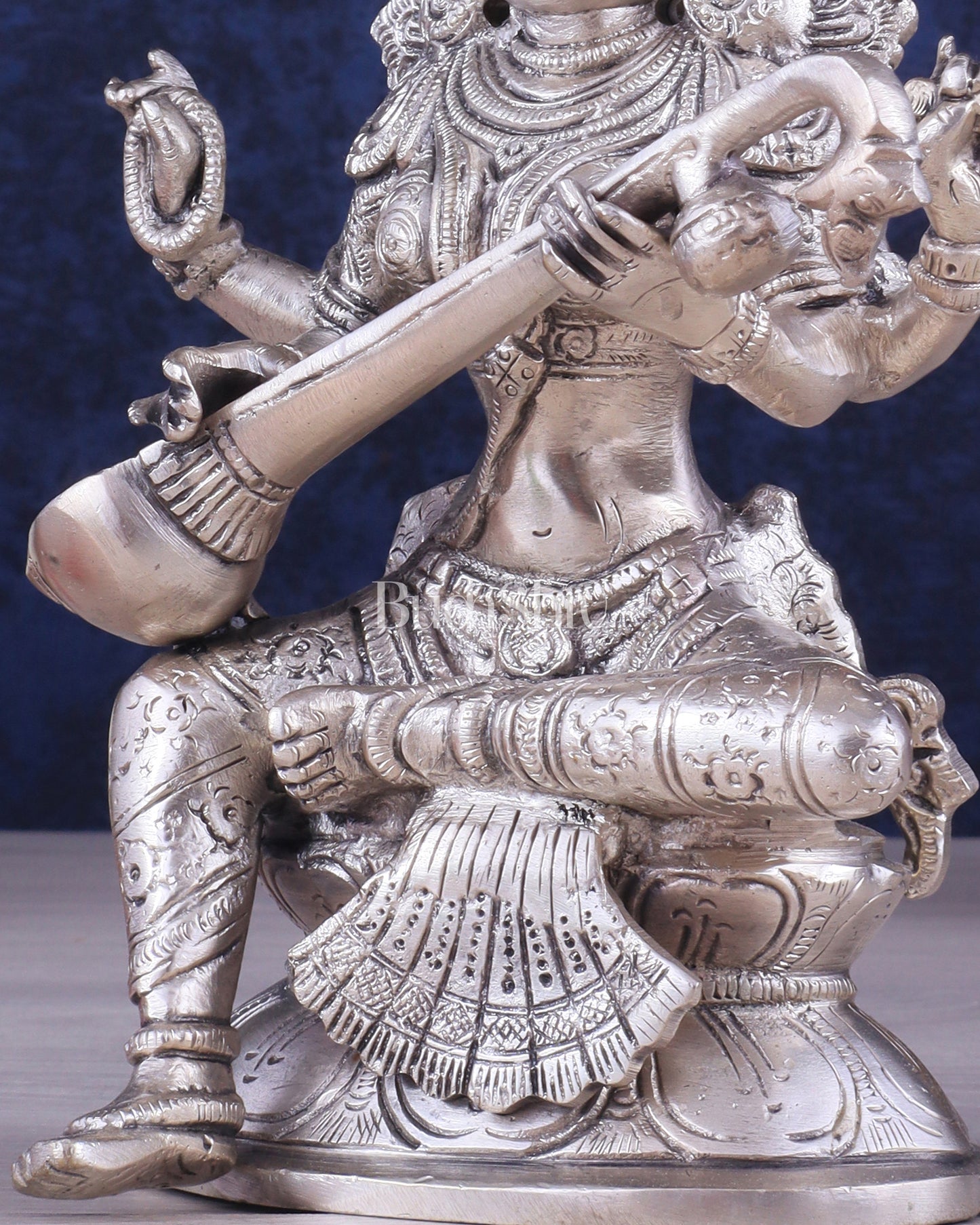 Pure Brass Silver-Plated Goddess Saraswati Idol 8"