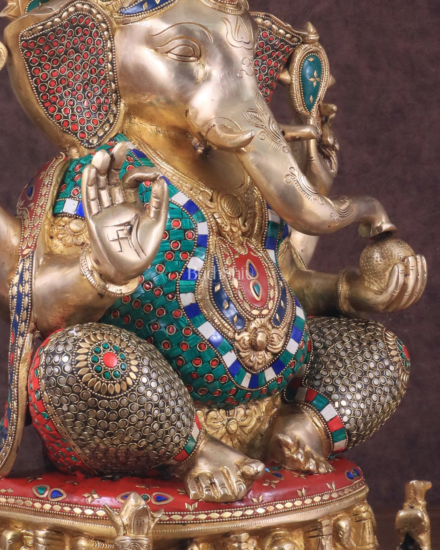 Pure Brass Large Ganesha Statue with Meenakari Stonework and Ashtavinayak Carvings - 22"