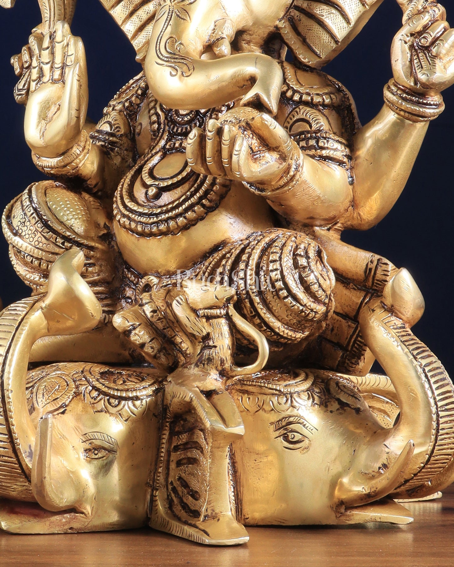 Royal Brass Lord Ganesha on Elephant Heads Aasan – 12.5" x 10" x 9" | Majestic Sculpture