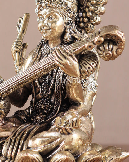 Superfine Brass Saraswati Idol - 6" Tall, Intricate Detailing