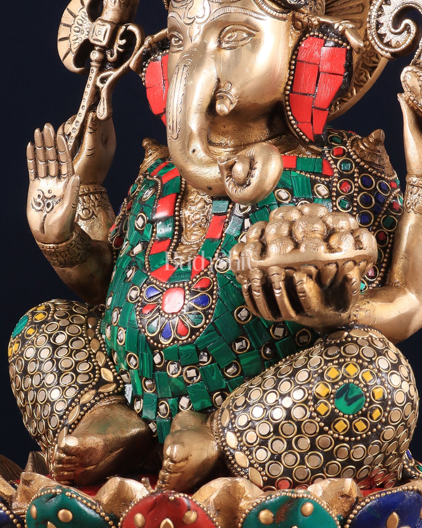 Pure Brass Ganesha on Lotus Idol 11 inch stonework