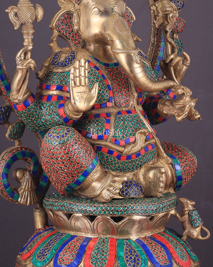 Pure Brass Large Ganesha Statue with Meenakari Stonework – 27" Tall