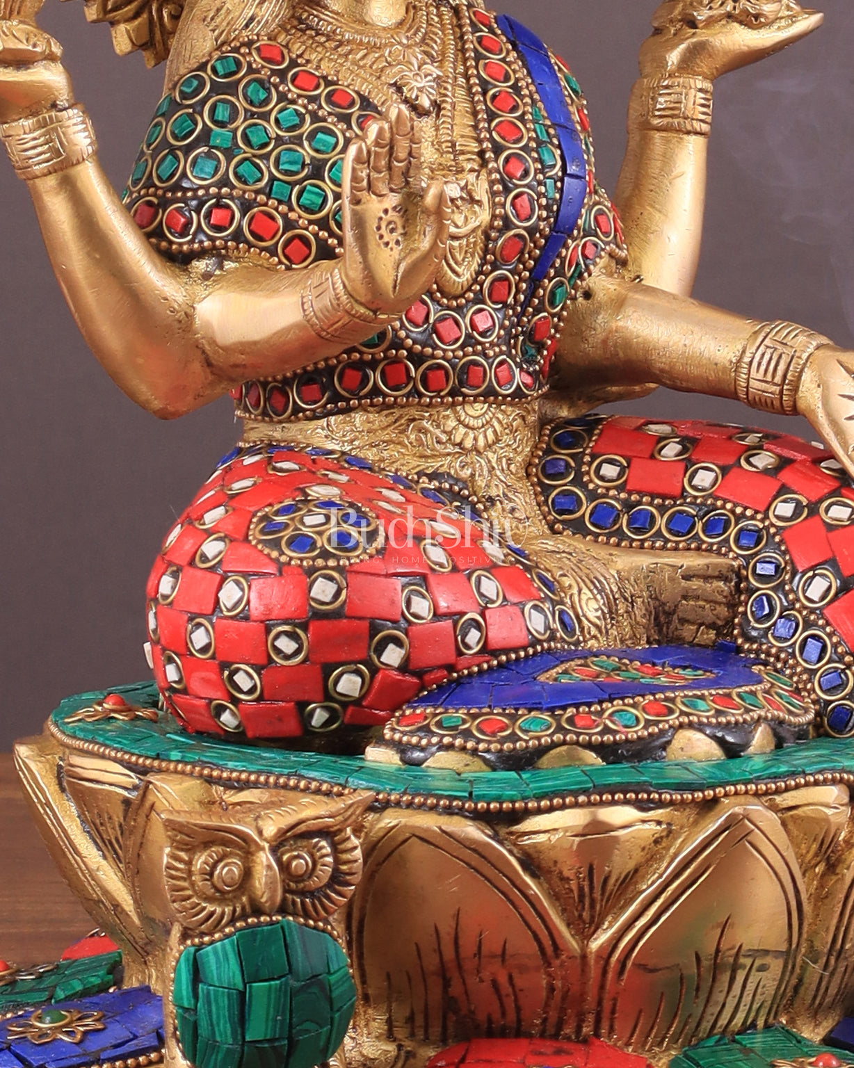 Pure Brass Lakshmi with Owl Idol Seated on Lotus | 11 Inch meenakari