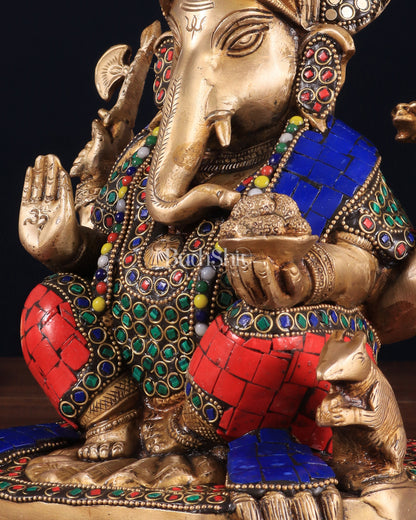 Unique Brass Lord Ganesha Statue with Meenakari Stonework – 9.5"