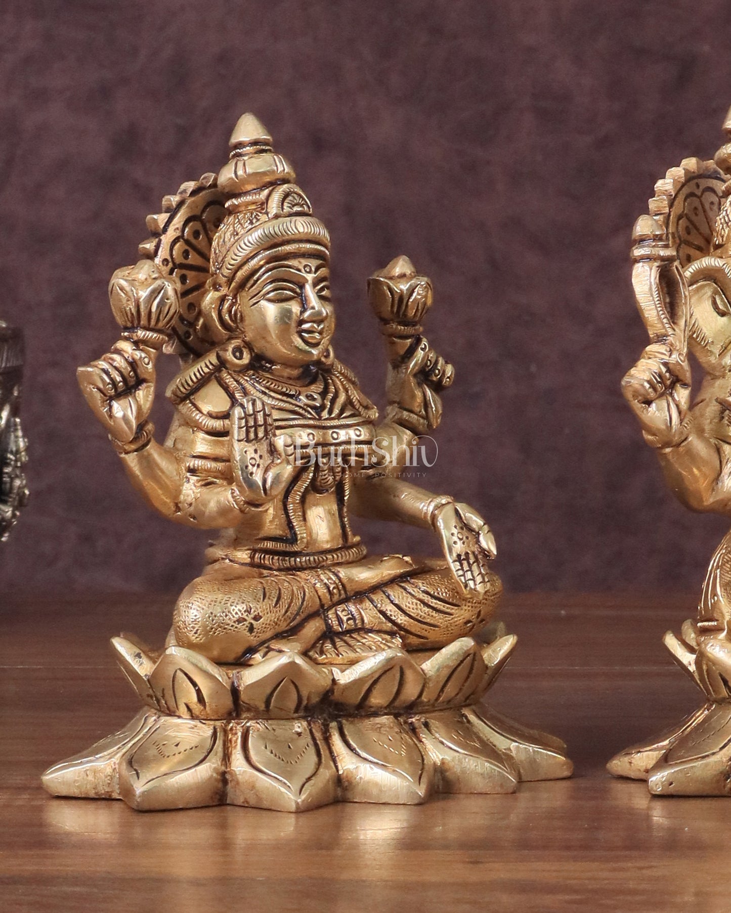 Pure Brass Ganesha and Lakshmi on Lotus Base Idol Set - 5.5"