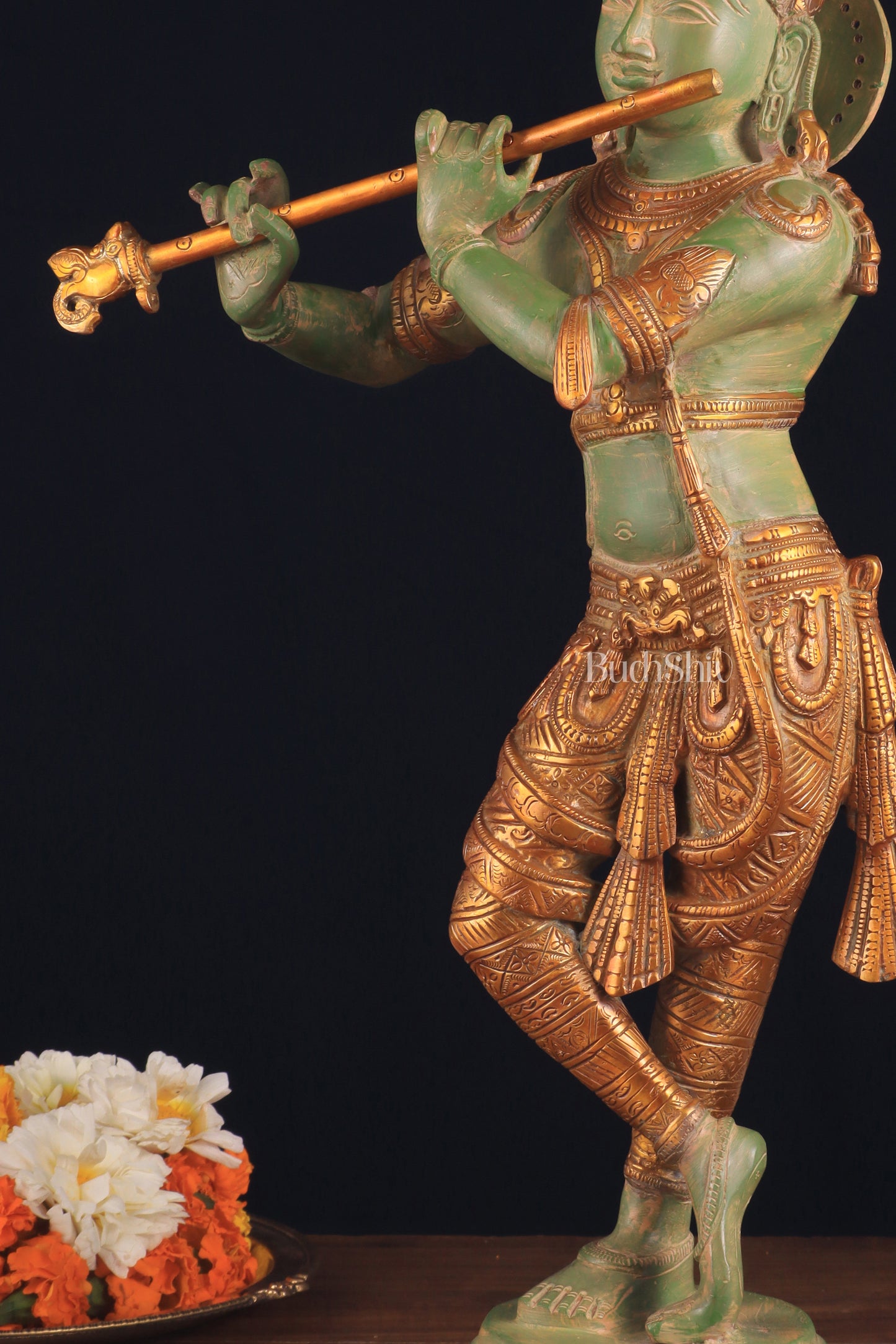 Pure Brass Lord Krishna Statue - green patina , 23 Inches