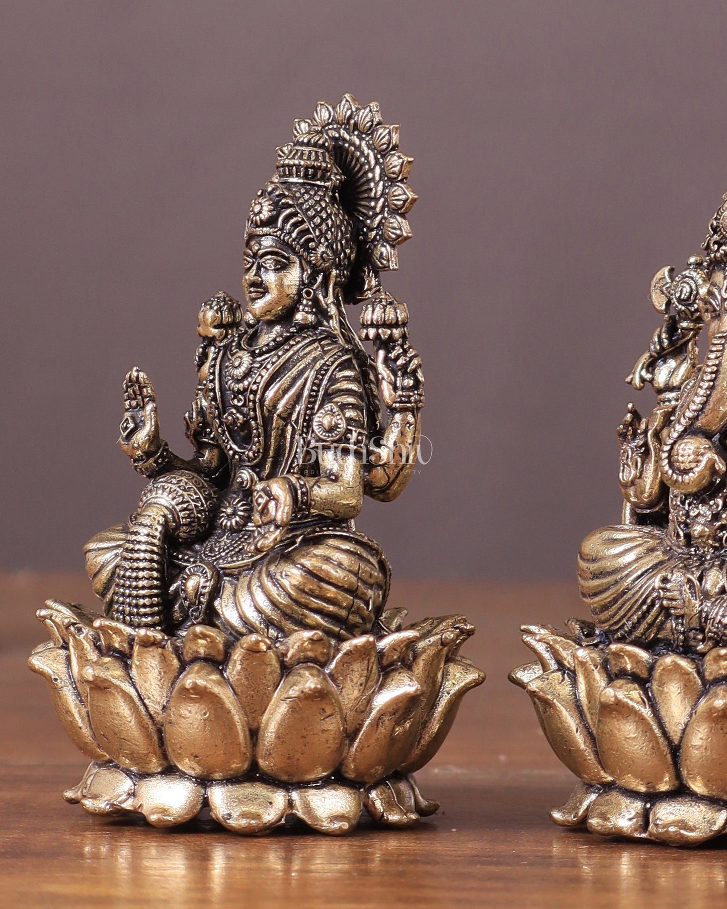 Pure Brass Intricate Superfine Ganesha-Lakshmi Idol Pair 3"