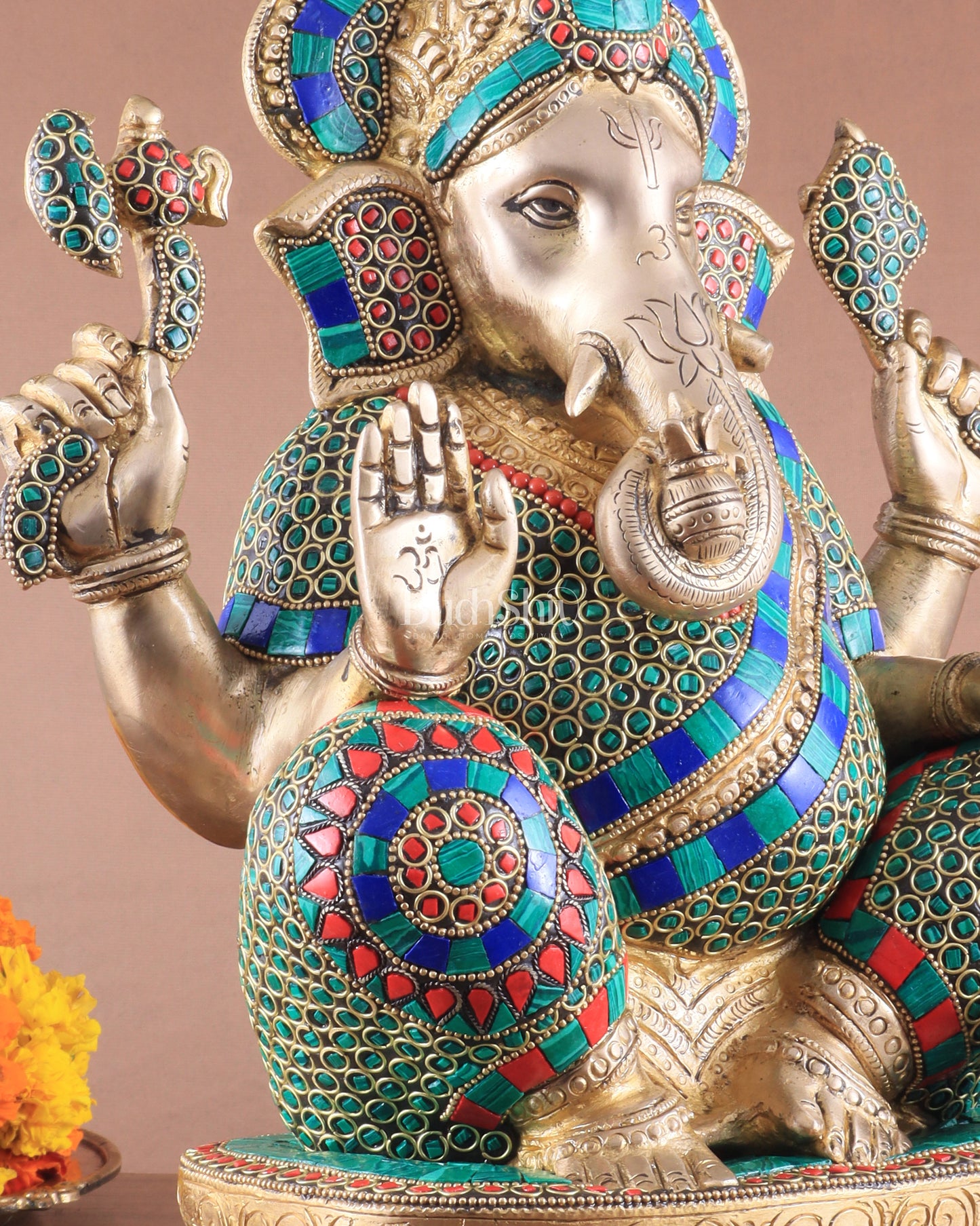 Brass Ganapati Idol Glossy – Handcrafted with Right-Side Trunk, 16" meenakari