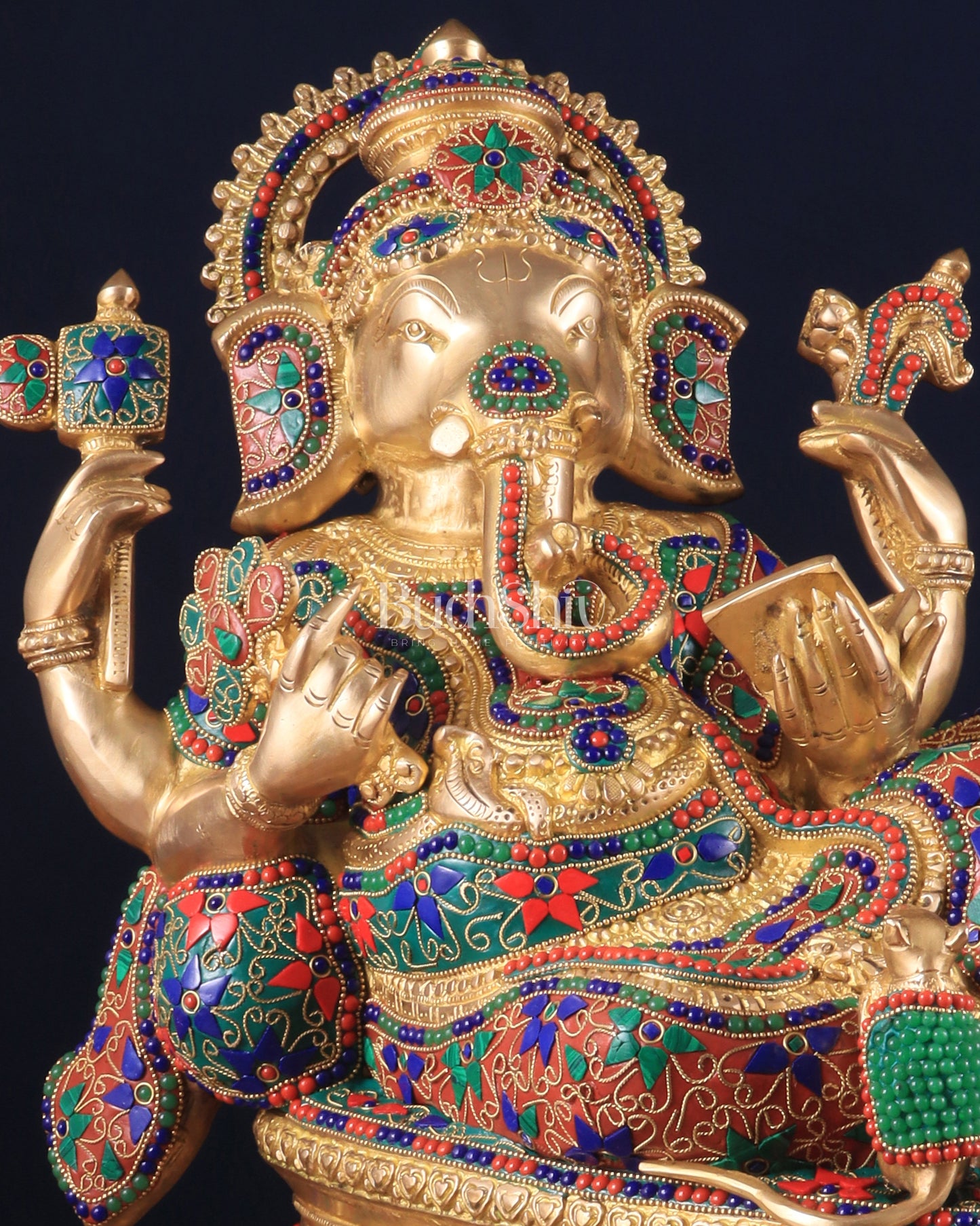 Majestic Brass Ganesha Resting Statue – 17" x 15.5" x 6.5" | Unique Stonework Design