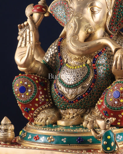 Pure Brass Lord Ganesha Idol - 18 inch Meenakari Stonework