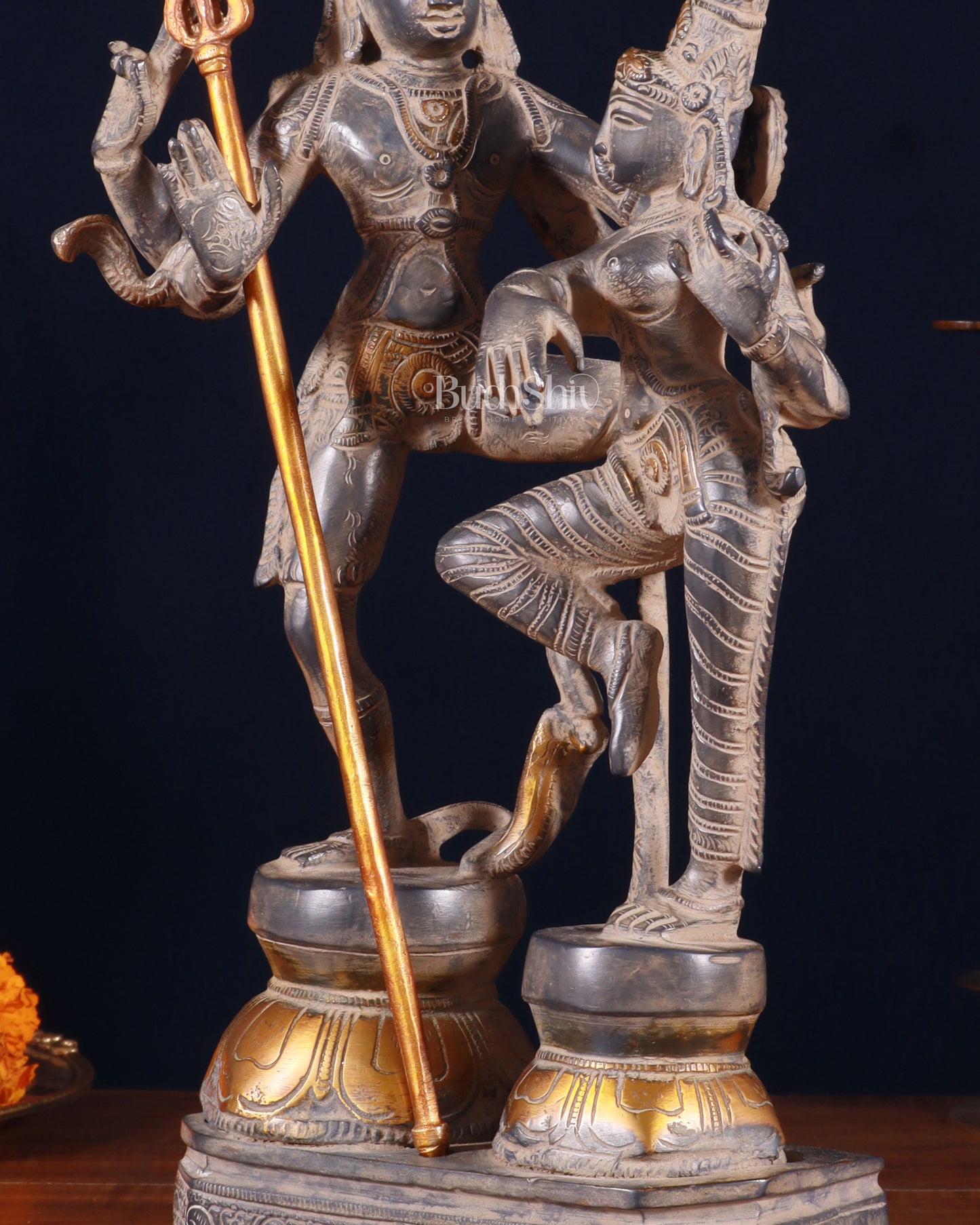 Vintage Brass Shiva Parvati Dancing Idols - 12.5" grey Finish Patina