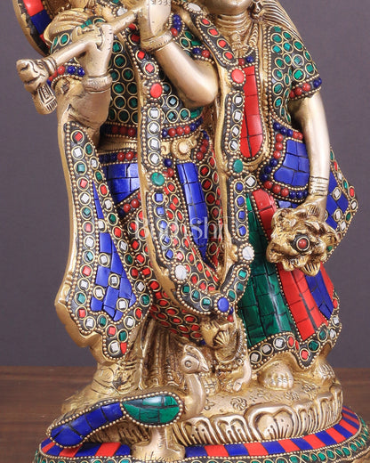 Brass Superfine Radha Krishna together idol - 12 inches with stonework