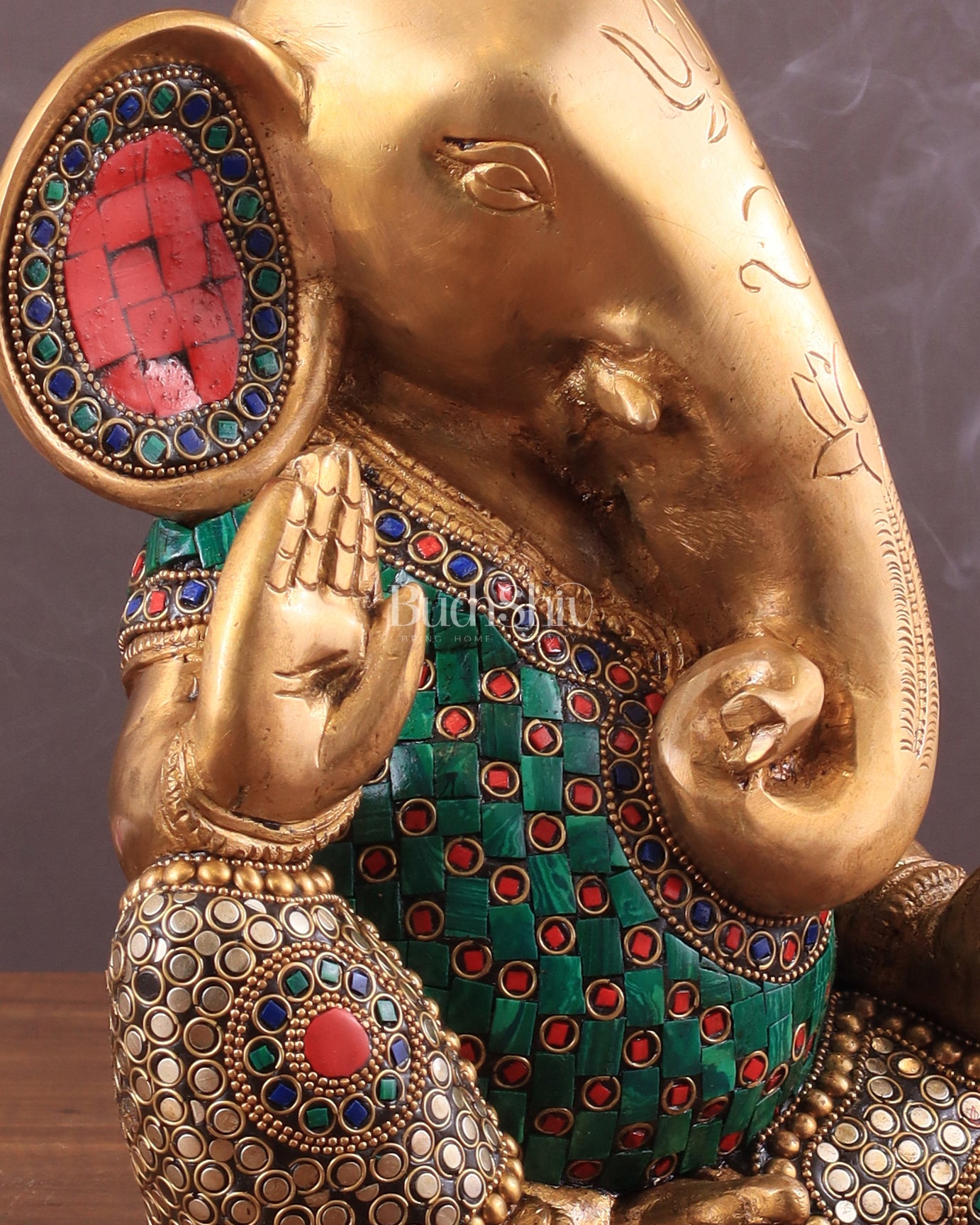 Pure Brass Modern Ganesha Idol with Abstract Design and Stonework 9.5"