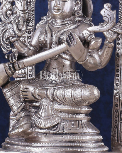 Pure Brass Goddess Saraswati Seated on a Throne – Silver Plated Idol 8.2"