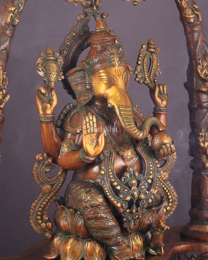 Majestic Brass Vintage Lord Ganesha Sculpture with Engraved Pillars - 35 Inch