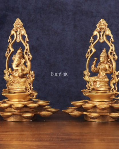 Pure Brass Ganesha and Goddess Lakshmi Statues with Diyas and Thiruvarchi Frames - 12"