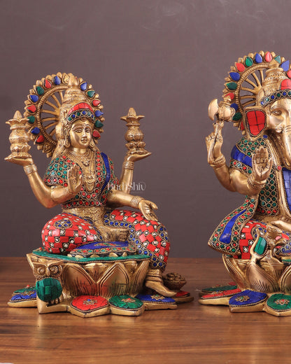 Pure Brass Ganesh Lakshmi idols Pair | 12 Inch meenakari Stonework