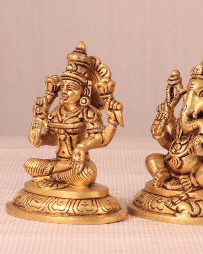 Brass Superfine Ganesha and Lakshmi Idol Pair - 4"