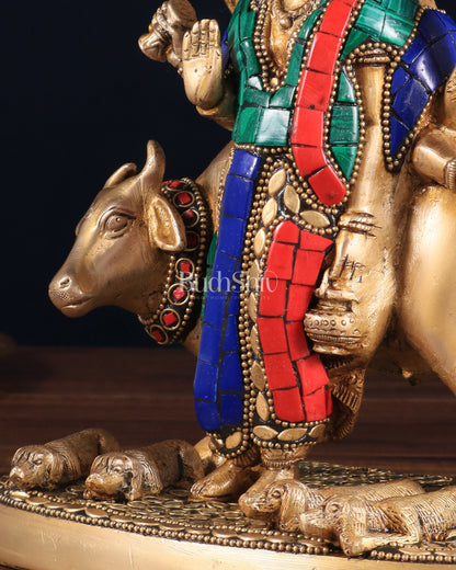 Pure Brass Dattatreya guru with a cow and four dogs idol