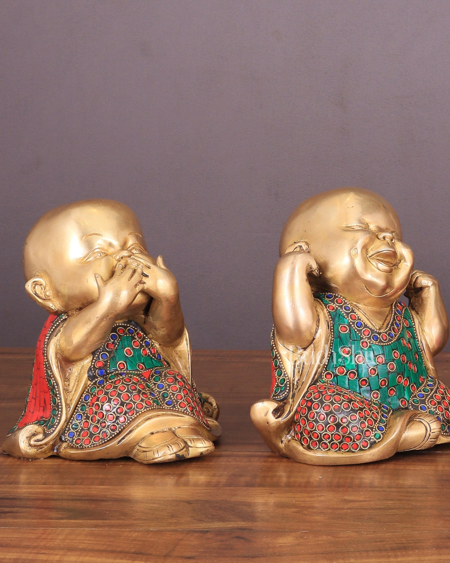 Pure Brass Large Happy Baby Monks Statues Set | 7.5-inch with stonework