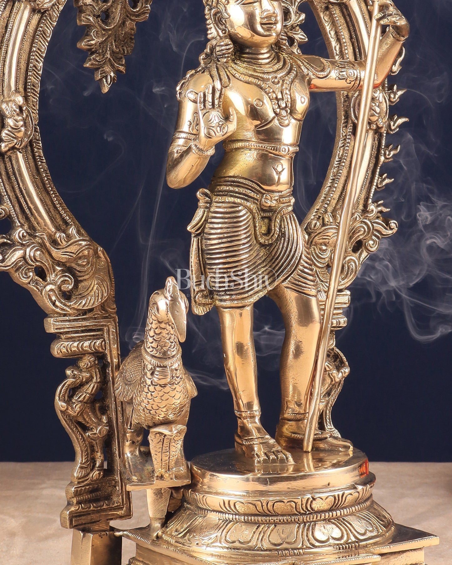 Pure Brass Lord Murugan Statue with Peacock and Prabhavali