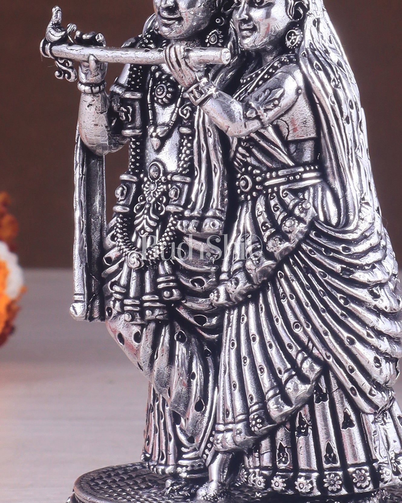 Intricate Lightweight Brass Radha Krishna Idol - 6" silver plated