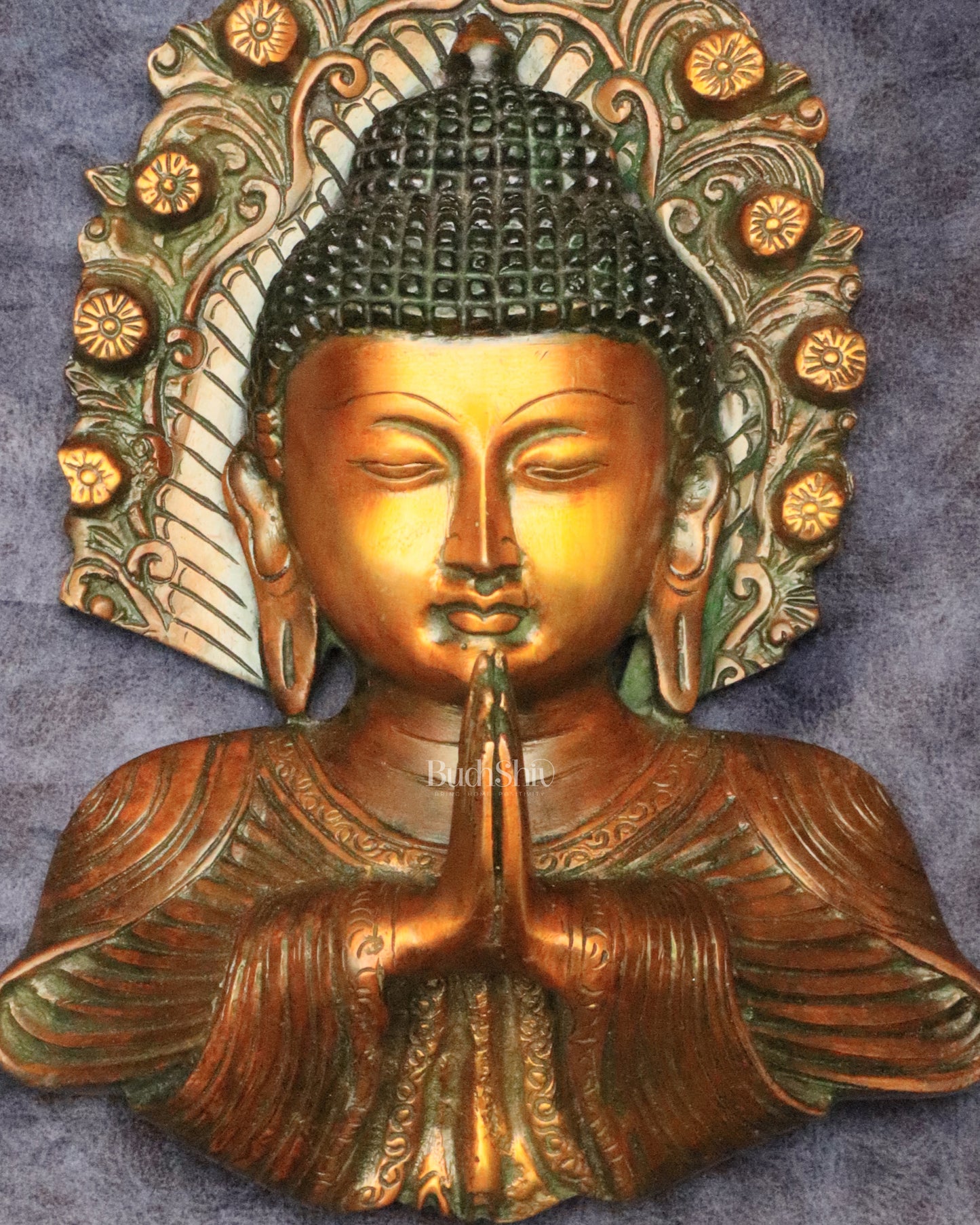 Pure Brass Big Buddha Face Namaste Wall Hanging – Vintage Dual-Tone Finish