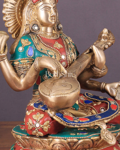 Brass Saraswati Statue With unique stonework 9"