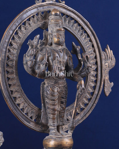 Vintage Brass Lord Vishnu Statue with Sudarshan Chakra Aura - 16.5 Inch