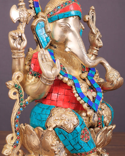 Handcrafted Brass Ganesha Idol with Meenakari Stonework - 12"