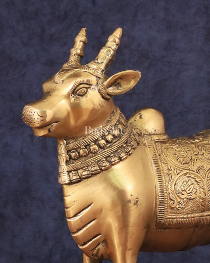 Brass Standing Nandi Statue in Golden Tone - 16"